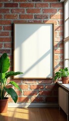 Empty poster frame on brick wall, sunlight streams through window, indoor plants, home, brick wall, photography
