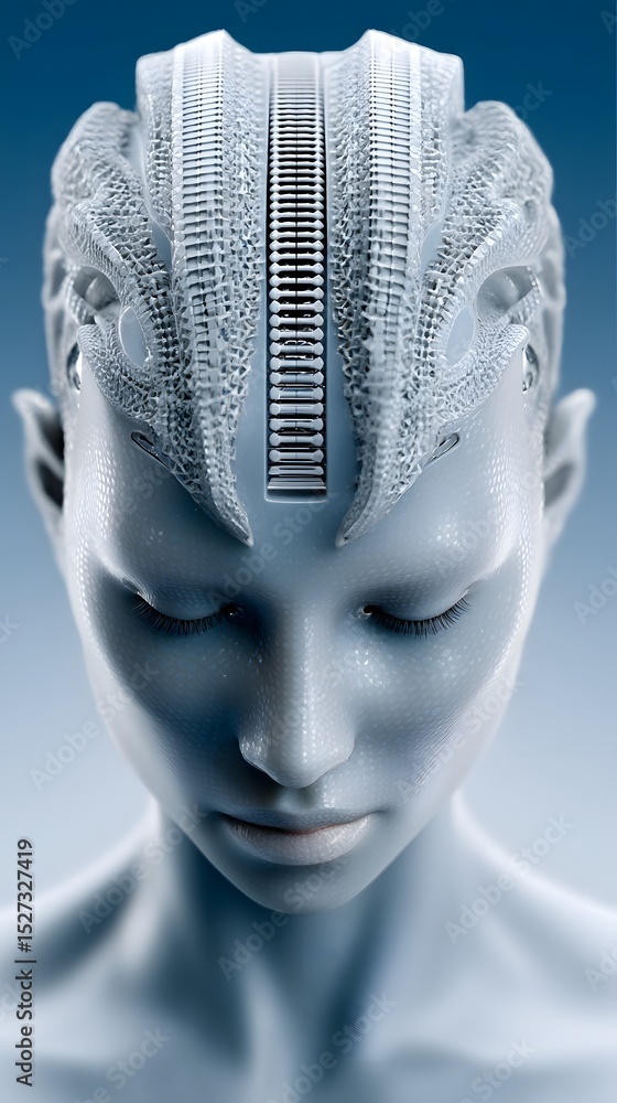 Poster hyper-advanced ai construct materializing from a sea of glowing data particles, intricate cybernetic