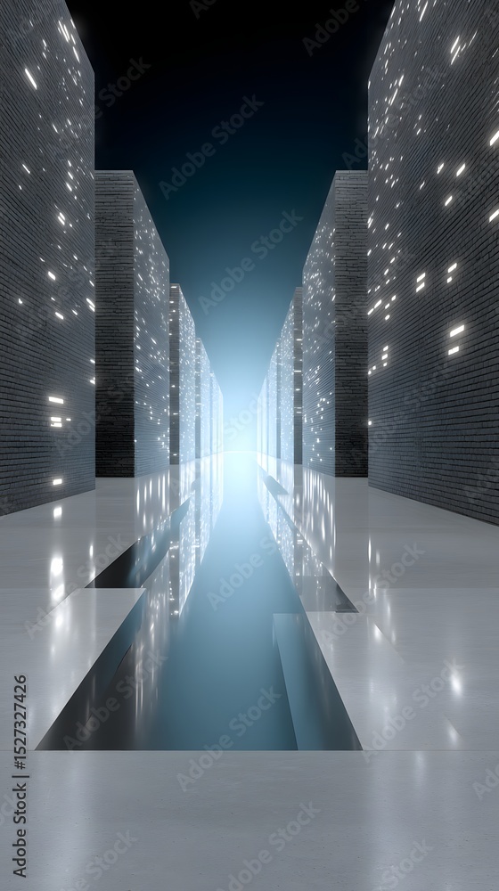 Poster hyper-advanced ai construct materializing from a sea of glowing data particles, intricate cybernetic