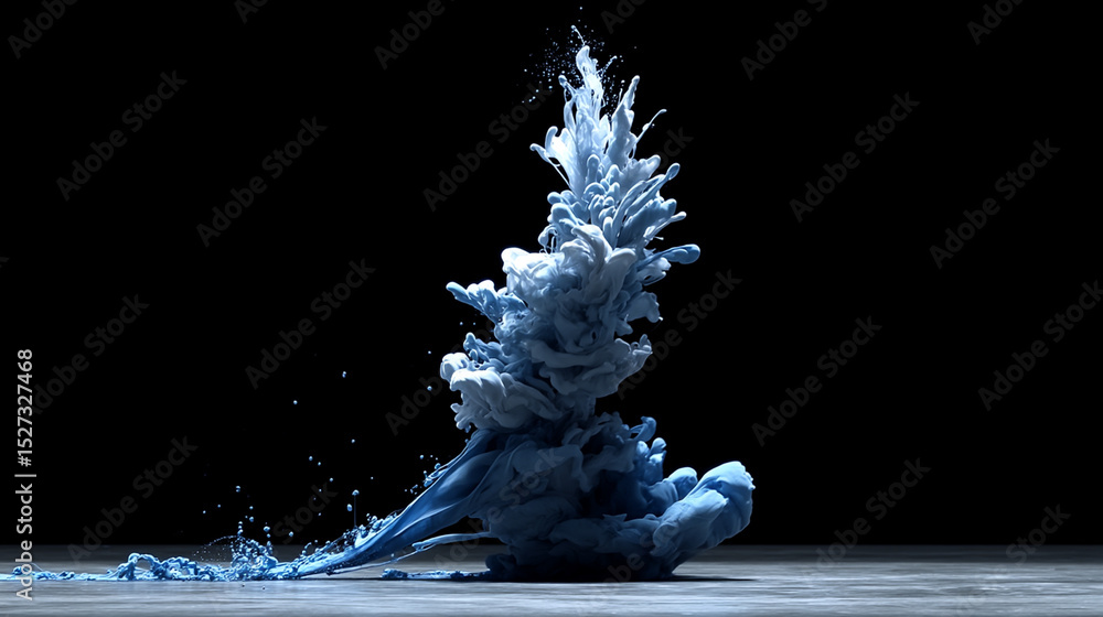 Poster abstract blue ink cloud exploding on a black background with artistic splashes
