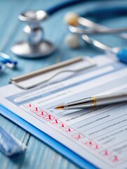 Fototapeta premium Medical Screenings Checklist for Different Age Groups on a Clipboard Beside a Stethoscope and Pen