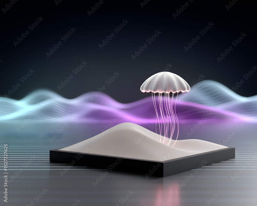 Poster a biomechanical jellyfish with pulsating neon tentacles, floating in a digital ocean of holographic 
