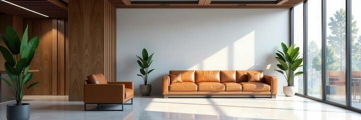 Glass partition, brown leather seating, empty wall Bright modern office reception , modern architecture, stylish furniture, reception area