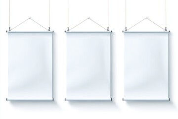 Three blank, white scrolls hang from strings against a white background, casting subtle shadows.  Each scroll is identical in size and appearance, offering a clean, minimalist presentation