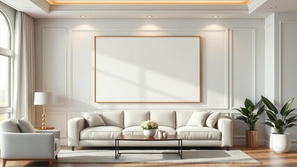 Modern living room wall art mockup showcasing a blank canvas for customizable design, empty, poster, home