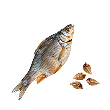 Dried fish roach with seeds on black background seafood snack food photography close up still life gourmet meal on transparent background