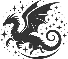 Drawing silhouette of a flying dragon vector