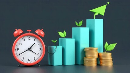A red alarm clock, stacked gold coins, and ascending blue bars with green leaves symbolize time, financial growth, and sustainability. - Powered by Adobe