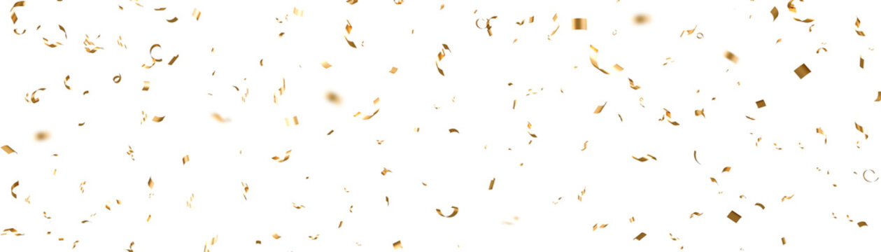 falling gold confetti and streamers seamless pattern on transparent background