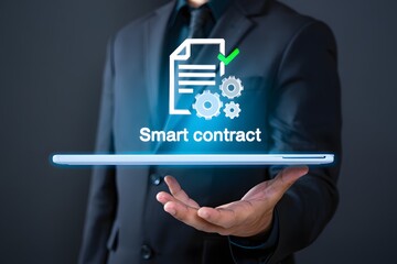 Fototapeta premium Businessman Holding a Tablet Showing Smart Contract Technology.