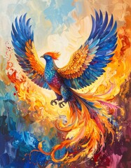 A classical egg tempera painting of a phoenix rising from flames