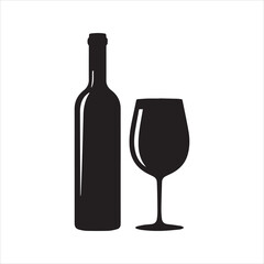Wine Bottle and Glass Silhouette Icon – Elegant Beverage Vector Illustration