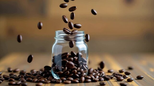 Roasted coffee beans falling into a glass jar on a wooden surface.