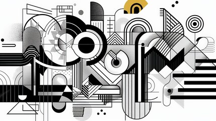 Abstract Geometric Composition with Circles, Lines, and Shaded Areas