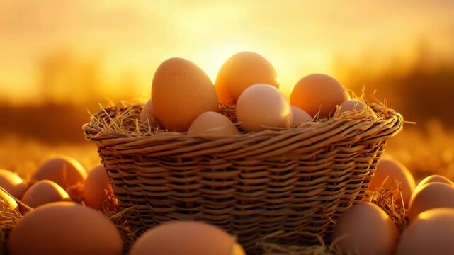 Basket filled with brown and white eggs on straw with fresh farm natural eggs close up in warm sunlight, showcasing organic healthy poultry in rural harvest atmosphere
