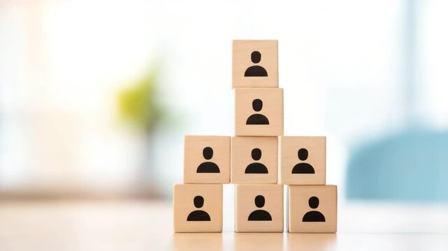 Wooden blocks with person icons stacked in pyramid shape symbolizing team structure and organization, business leadership, and teamwork in bright office setting