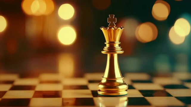 Golden chess king piece on chessboard with blurred warm lights symbolizing strategy, power, victory, and leadership in calm, focused game of chess on board