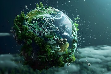 Earth partially transforming into digital pixels and code, fusion of nature and technology, futuristic design
