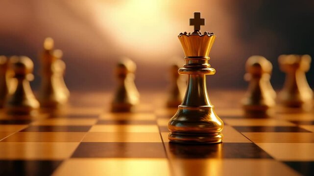 Golden chess king piece on chessboard with strategic game play, competition focus, leadership challenge, and intelligent strategy planning on classic wooden board for victory and checkmate