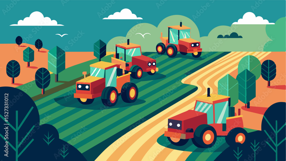 Poster an illustration showcasing the potential of selfdriving tractors in large farms where multiple tract
