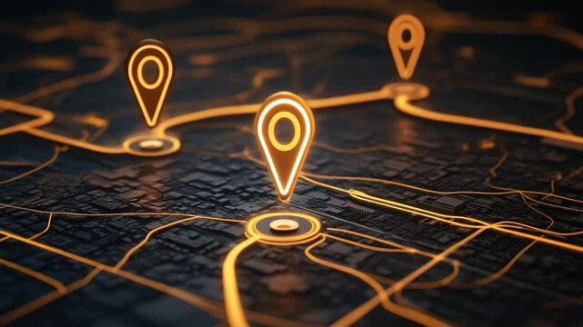 Glowing orange location markers on dark digital map highlight routes and points of interest in futuristic urban navigation network with glowing light and city map technology for easy route finding