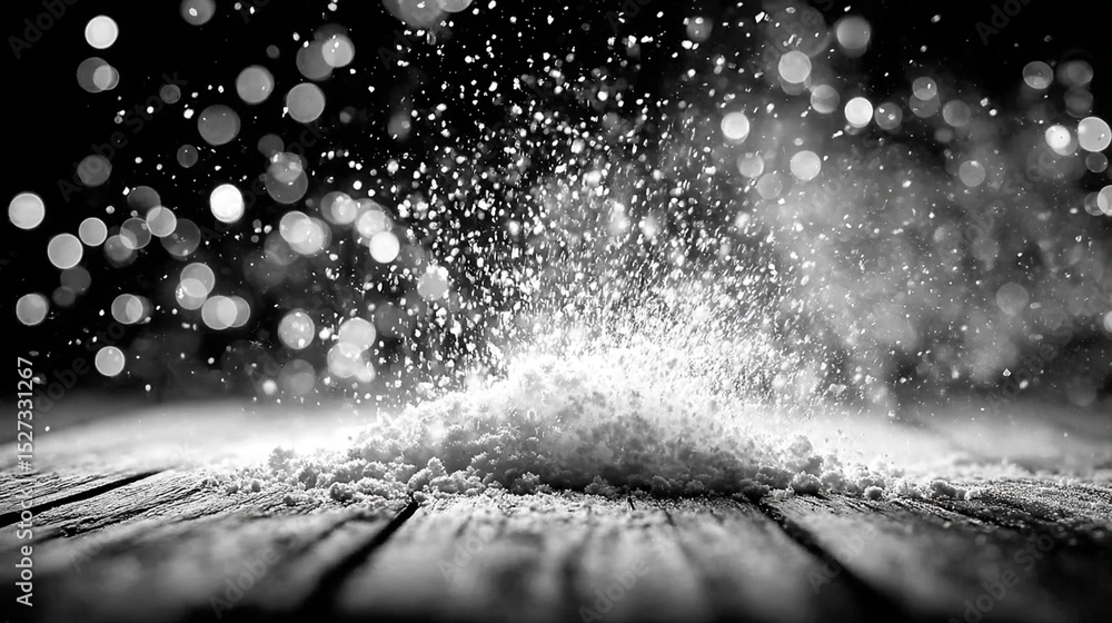 Poster abstract black and white image of powdered substance with bokeh effect on a wooden surface