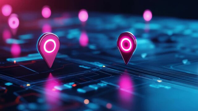 Digital map with glowing neon pink and blue location markers, futuristic technology concept showing navigation and tracking on vibrant circuit board background with dynamic light reflections