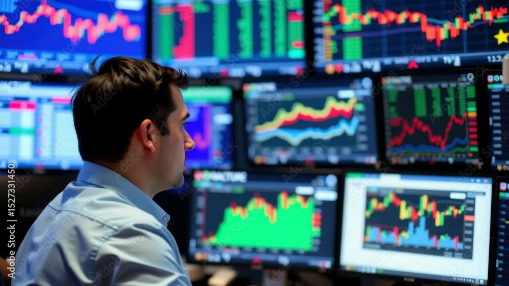 Poster a man closely monitors multiple computer screens displaying financial charts and stock market data.