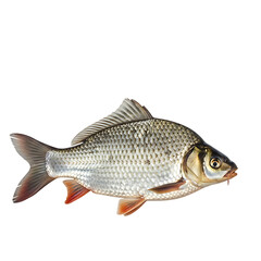 Fototapeta premium Isolated freshwater fish roach rutilus rutilus species with silver scales and red fins on black background on transparent background