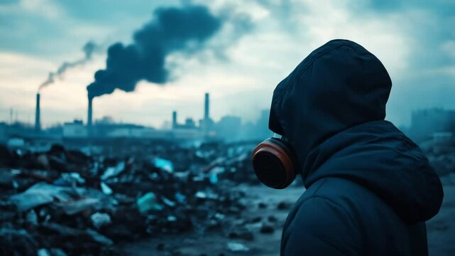 Person wearing gas mask in polluted industrial area with smoke stacks and waste, highlighting toxic air pollution, environment damage, and urgent pollution control near factory smoke emissions