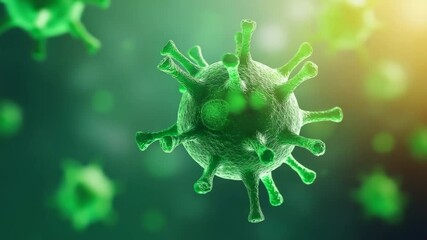 Green virus particle close up with detailed surface and spike proteins glowing softly blurred background, microscopic infectious pathogen floating fluid, representing disease, medical health, biology - Powered by Adobe