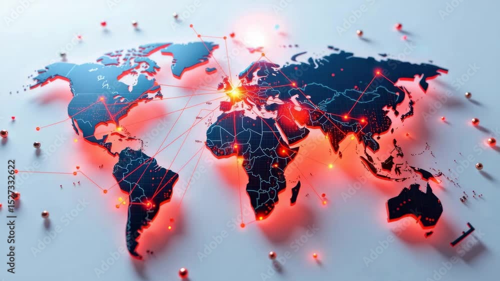 Poster a digital world map with interconnected glowing nodes, highlighting global networks and communicatio