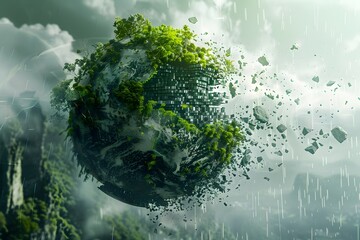 Earth partially transforming into digital pixels and code, fusion of nature and technology, futuristic design
