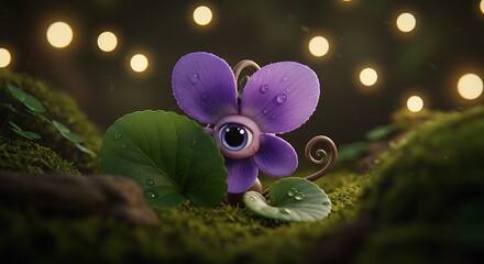 One-Eyed Violet: A whimsical 3D render of a cute flower creature in a mossy, enchanted forest