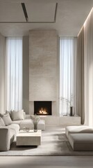 Fototapeta premium front view of the premium minimalist living room in soft neutral tones