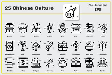 Chinese Culture icon set. Editable Stroke Icon Collection. temple, noodle, lantern, decoration, candle, rice bowl, firecracker, bamboo. Outline icons, icon, icon pack, vector collection.