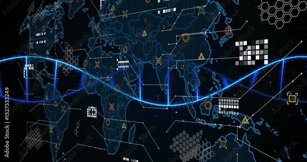 Poster pulsing data strand entering left edge sweeping across world map, revealing world data flow network