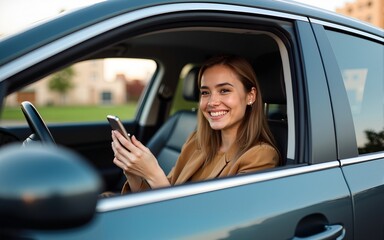 Trendy woman sitting in her opened car and smiling at her phone. High quality