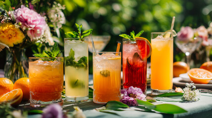 Colorful summer cocktails with mint, citrus and ice on festive garden table decorated with fresh flowers. Bright orange and red drinks create cheerful and refreshing outdoor celebration atmosphere