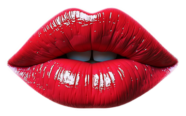 Red lips macro shot with vibrant, glossy lipstick on transparent background