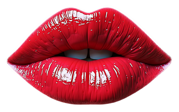 Red lips macro shot with vibrant, glossy lipstick on transparent background