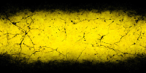 Yellow grunge background with cracks and black stains on the top and bottom edges.