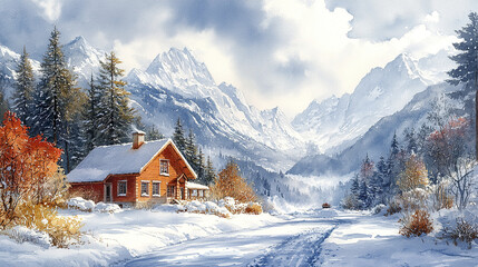 serene watercolor painting of cozy house surrounded by snow covered mountains and trees