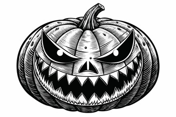 Menacing Halloween Pumpkin Illustration Black and White