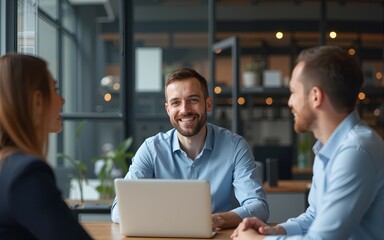 Smiling software developer leading a project meeting with team. High quality