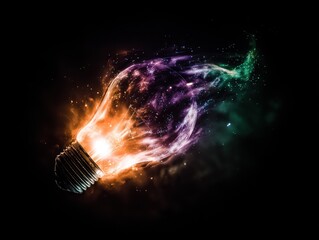 Abstract lightbulb, vibrant colors, fiery glow