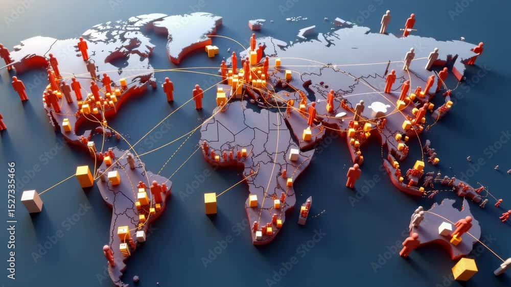 Poster a 3d world map with figures and cubes connected by lines, symbolizing global communication and inter