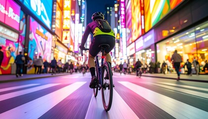 Cyclist Riding Through Neon City Street at Night