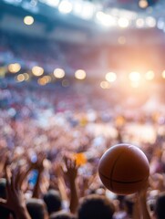 Excited Fans Celebrate as a Basketball is Launched Into the Air During a Thrilling Game at the Energetic Stadium in the Evening