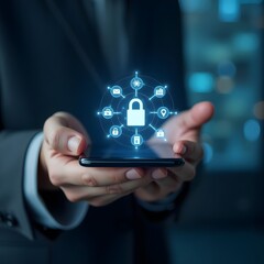 Cybersecurity concept with 3D padlock floating above smartphone, glowing icons, and tech lines in futuristic digital interface, ultra-realistic 4K security illustration

